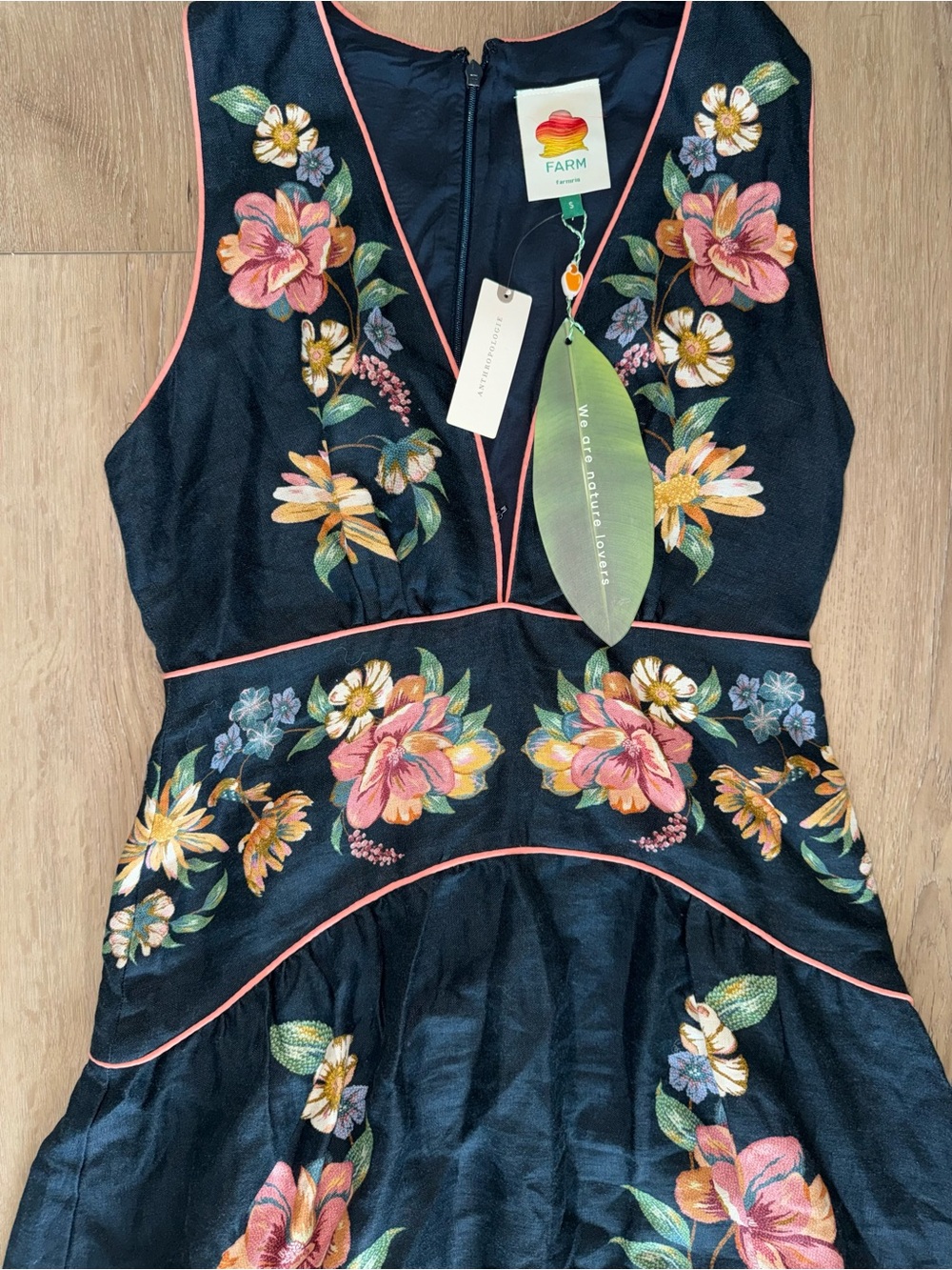 NWT Farm Rio Maira Navy Blue Floral Plunge Neck Linen Maxi Dress S Anthropologie - Picture 3 of 5